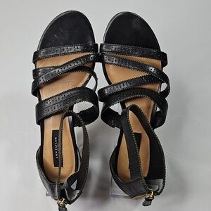 Ann Taylor Black Leather Strappy Sandals With Zipper Size 8